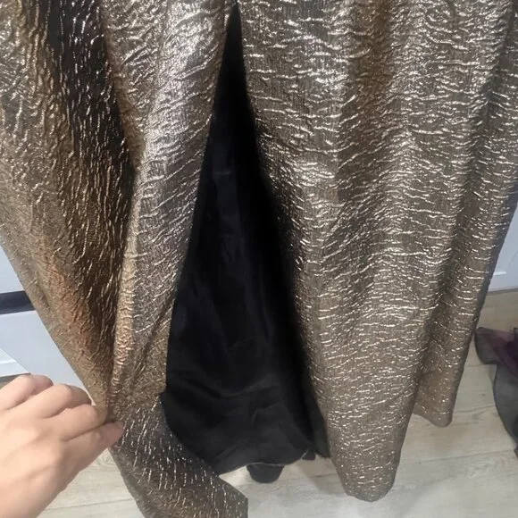 Mac Duggal Metallic Gold One-Shoulder Gown With Ruffle Detail & High Slit Size - Picture 7 of 8